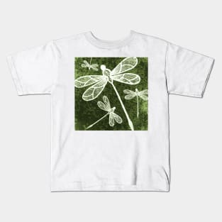 Magical white dragonflies on grunge green background Kids T-Shirt